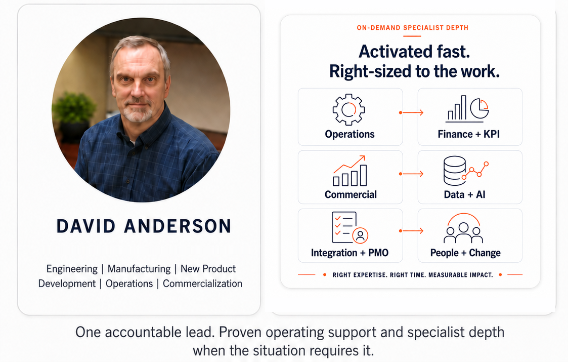 David Anderson, Engineering and Operations SME, with on-demand specialist depth across operations, finance and KPI, commercial, data and AI, integration and PMO, and people and change.